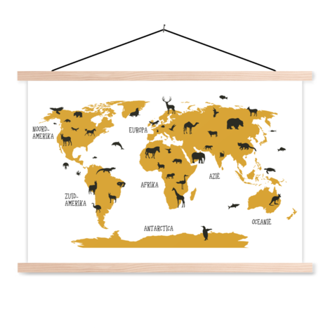 straal Herhaal hooi Dieren geel textielposter - Wereldkaart op schoolplaat - Wereldkaart